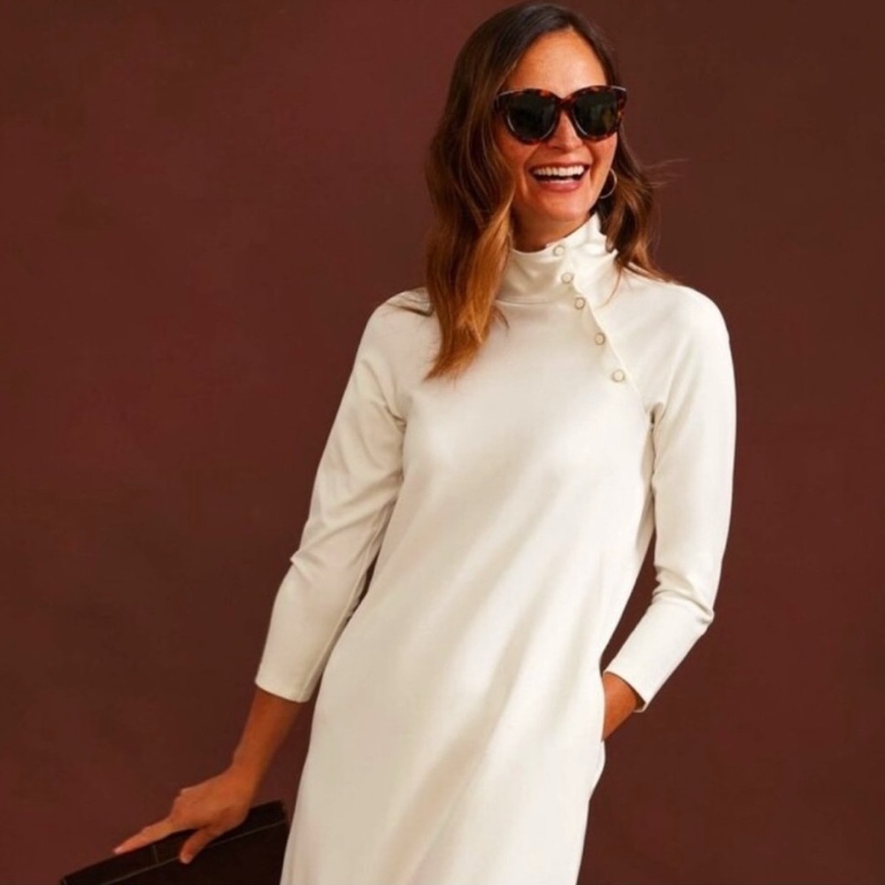 J. McLaughlin Cream Sheath Dress with Mock Neck and 3/4 Sleeves